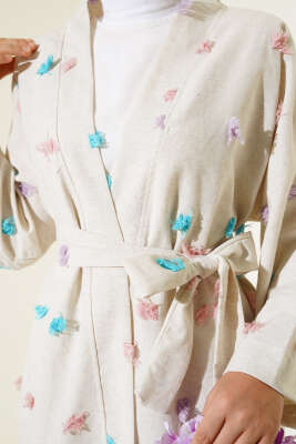 Püskül Detaylı Keten Kimono Lila - Thumbnail