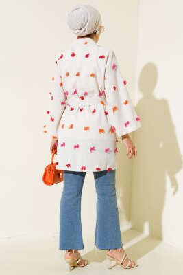 Püskül Detaylı Keten Kimono Kırmızı - Thumbnail