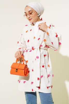 Püskül Detaylı Keten Kimono Kırmızı - Thumbnail