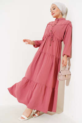 Önü Yarım Düğmeli Kat Kat Elbise Pers Gülü - Thumbnail