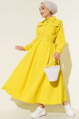 Pazarium - Önü Fermuarlı Etekli İkili Takım Yağ Yeşili