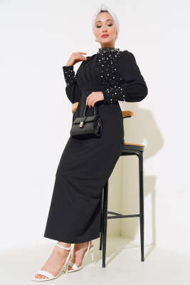 Pazarium - İnci Süslemeli Elbise Siyah