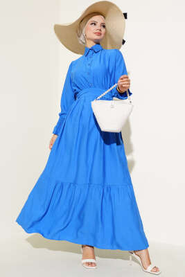 Bileği Gipeli Kuşaklı Elbise Saks - Thumbnail