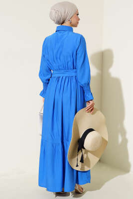 Bileği Gipeli Kuşaklı Elbise Saks - Thumbnail