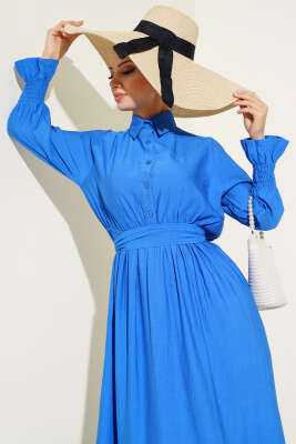 Bileği Gipeli Kuşaklı Elbise Saks - Thumbnail