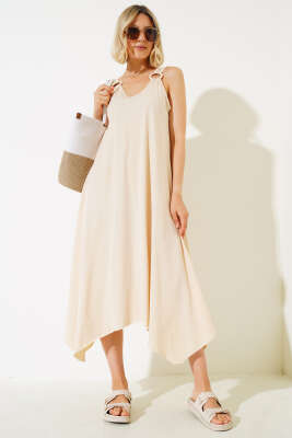 Pazarium - Halka Askılı Elbise Bej