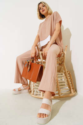 Pazarium - Gömlek Garnili Kısa Kol İkili Takım Latte