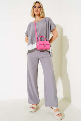 Pazarium - Gömlek Garnili Kısa Kol İkili Takım Kayrak Grisi