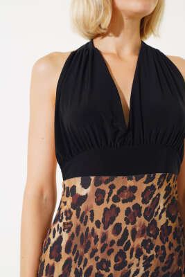 Leopar Desen Sırt Dekolteli Elbise Siyah - Thumbnail