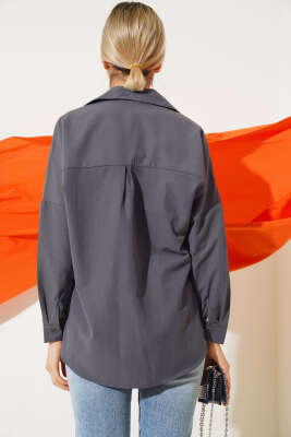 Oversize Kalıp Basic Gömlek Füme - Thumbnail