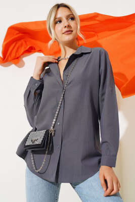 Oversize Kalıp Basic Gömlek Füme - Thumbnail