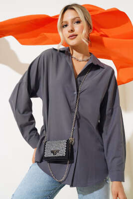 Oversize Kalıp Basic Gömlek Füme - Thumbnail