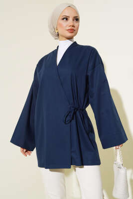 Yandan Bağlamalı Keten Kimono Lacivert - Thumbnail