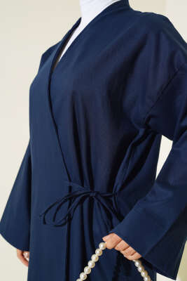 Yandan Bağlamalı Keten Kimono Lacivert - Thumbnail