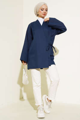 Yandan Bağlamalı Keten Kimono Lacivert - Thumbnail