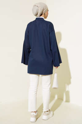 Yandan Bağlamalı Keten Kimono Lacivert - Thumbnail