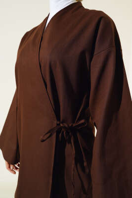 Yandan Bağlamalı Keten Kimono Kahve - Thumbnail