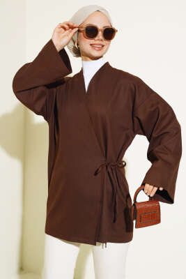 Yandan Bağlamalı Keten Kimono Kahve - Thumbnail