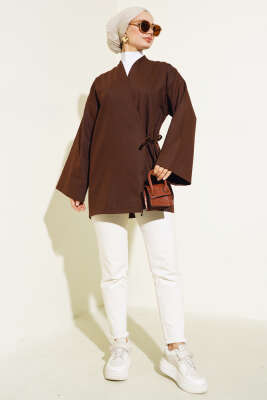 Yandan Bağlamalı Keten Kimono Kahve - Thumbnail