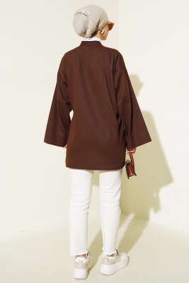Yandan Bağlamalı Keten Kimono Kahve - Thumbnail