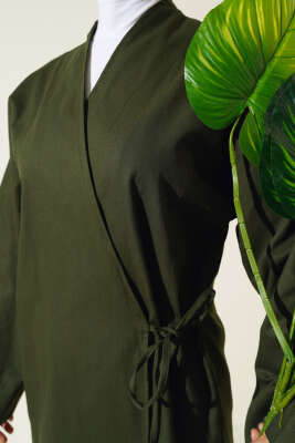 Yandan Bağlamalı Keten Kimono Haki - Thumbnail