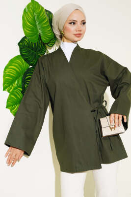 Yandan Bağlamalı Keten Kimono Haki - Thumbnail