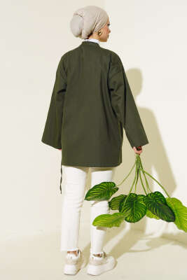 Yandan Bağlamalı Keten Kimono Haki - Thumbnail