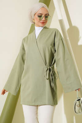 Yandan Bağlamalı Keten Kimono Çağla Yeşili - Thumbnail