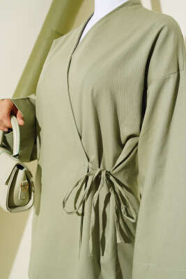 Yandan Bağlamalı Keten Kimono Çağla Yeşili - Thumbnail