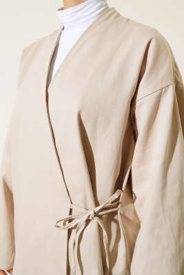 Yandan Bağlamalı Keten Kimono Bej - Thumbnail