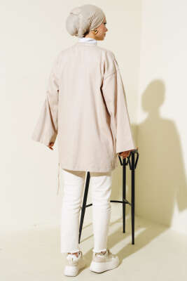 Yandan Bağlamalı Keten Kimono Bej - Thumbnail