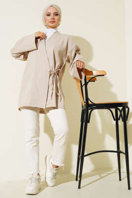 Yandan Bağlamalı Keten Kimono Bej - Thumbnail