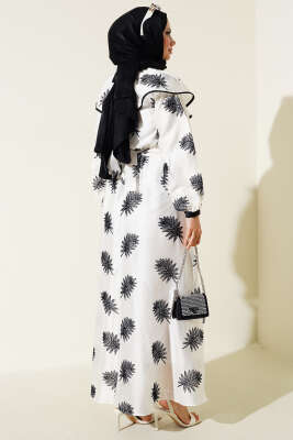 Bebe Yaka Desenli Kuşaklı Elbise Ekru - Thumbnail