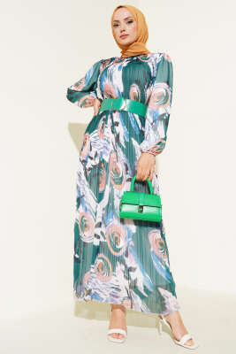 Pazarium - Kemerli Piliseli Şifon Elbise Orman Yeşili