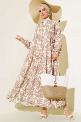 Etnik Desen Yarı Patlı Elbise Vizon - Thumbnail