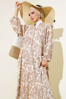 Etnik Desen Yarı Patlı Elbise Vizon - Thumbnail