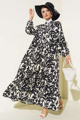 Etnik Desen Yarı Patlı Elbise Siyah - Thumbnail