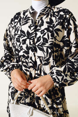 Etnik Desen Yarı Patlı Elbise Siyah - Thumbnail