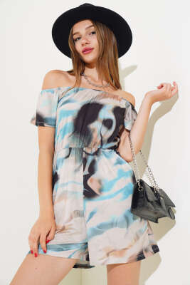 Pazarium - Dijital Baskılı Şort Tulum Bej