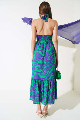 V Yaka Bel Büzgülü Elbise Yeşil Menekşe - Thumbnail