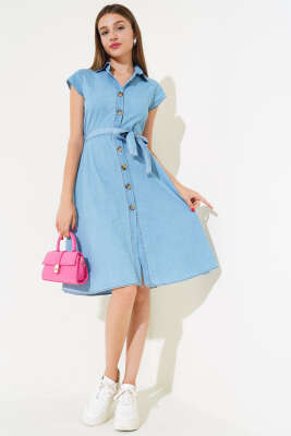 Boydan Düğmeli Midi Kot Elbise Kot Mavisi - Thumbnail