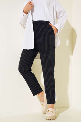 Dar Paça Çizgili Pantolon Lacivert - Thumbnail