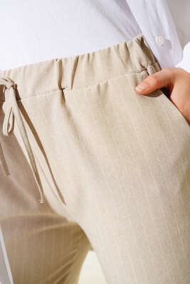 Dar Paça Çizgili Pantolon Bej - Thumbnail