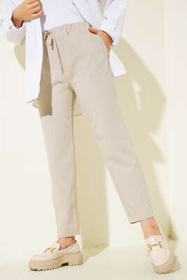 Dar Paça Çizgili Pantolon Bej - Thumbnail