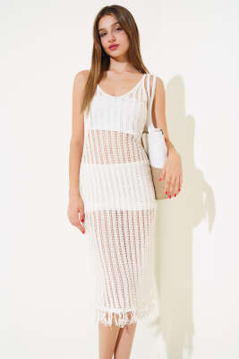 İp Askılı Ajurlu Elbise Bej - Thumbnail