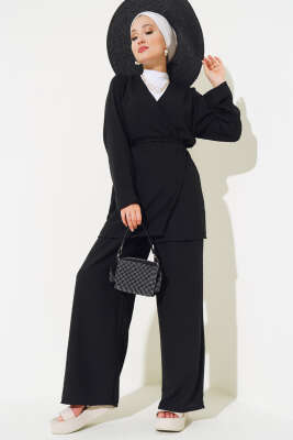 Önü Bağlamalı Keten Kimono Takım Siyah - Thumbnail