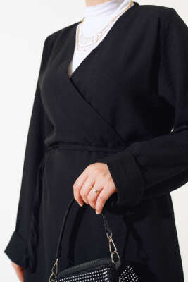 Önü Bağlamalı Keten Kimono Takım Siyah - Thumbnail