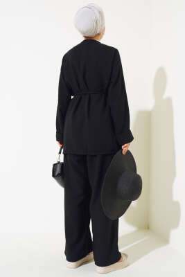 Önü Bağlamalı Keten Kimono Takım Siyah - Thumbnail