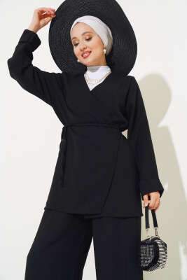 Önü Bağlamalı Keten Kimono Takım Siyah - Thumbnail