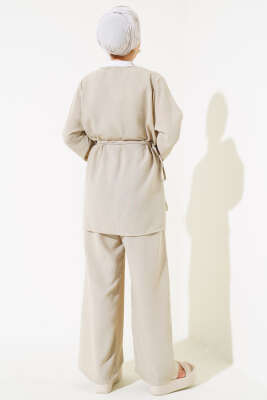 Önü Bağlamalı Keten Kimono Takım Bej - Thumbnail